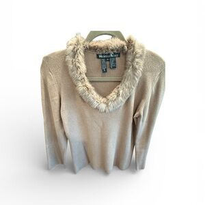Michelle Nicole Camel Sweater with Faux Fur Collar